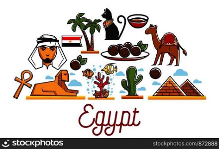 Egypt traditional national symbols and famous architecture. Arab in traditional headdress, ancient sphinx, great pyramids, cat statue, local plants, coral reef and delicious food vector illustrations.. Egypt traditional national symbols and famous architecture set