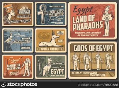 Egypt travel agency vector vintage retro posters. Cairo and Giza sightseeing tours. Ancient Egypt pyramid treasure museum, antiquity souvenirs shop, history and myths of Egyptian gods. Ancient Egypt culture and Cairo landmarks posters