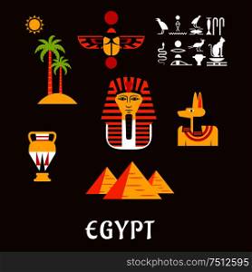 Egypt travel and culture flat icons with Giza pyramids, golden mask of pharaoh, ancient hieroglyphics, scarab amulet, anubis god, amphora and nature landscape of palm trees with sun. Egypt travel and ancient culture icons