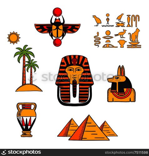 Egypt travel and culture icons with Giza pyramids, golden mask of pharaoh and ancient hieroglyphics, scarab amulet and Anubis god, amphora and landscape of palm trees with sun. Egypt travel and culture icons