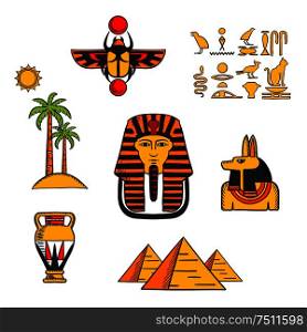 Egypt travel and culture icons with Giza pyramids, golden mask of pharaoh and ancient hieroglyphics, scarab amulet and Anubis god, amphora and landscape of palm trees with sun. Egypt travel and culture icons