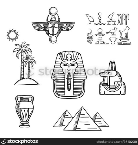 Egypt travel and culture icons with Giza pyramids, pharaoh golden mask, ancient hieroglyphics, scarab amulet, anubis god, amphora and beach landscape of palm trees with sun. Sketch style. Egypt travel and ancient sketch icons