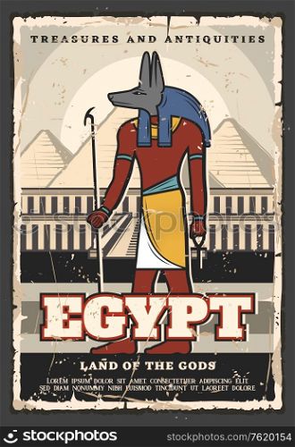 Egypt travel and tourist landmark tours vintage poster. Vector travel agency trips, ancient Egyptian Anubis god and Cairo pharaoh pyramids treasures. Egypt ancient culture and travel, Anubis god