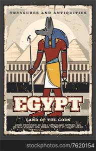 Egypt travel and tourist landmark tours vintage poster. Vector travel agency trips, ancient Egyptian Anubis god and Cairo pharaoh pyramids treasures. Egypt ancient culture and travel, Anubis god