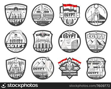 Egypt travel, culture and Cairo ancient landmarks, travel agency and city tours vector icons. Giza pyramids sightseeing tours. Ancient Egypt Gods, pyramids treasure museum and antiquity souvenirs shop. Ancient Egypt culture Cairo landmarks travel icons