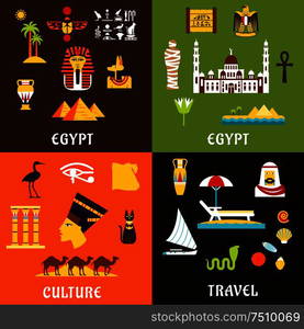 Egypt travel flat icons with ancient history and culture, tourist services and comfortable beach vacation, architecture and nature landmarks. Egypt travel and culture icons in flat style