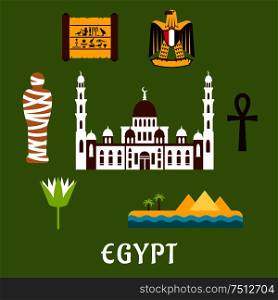 Egypt travel flat icons with Cairo mosque, pharaoh mummy, desert landscape with pyramids and sea, sacred lotus flower, papyrus with hieroglyphics, eagle emblem and ankh symbol . Egypt travel landmarks and symbols