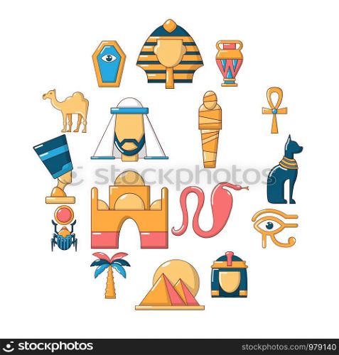 Egypt travel icons set. Cartoon illustration of 16 Egypt travel vector icons for web. Egypt travel icons set, cartoon style