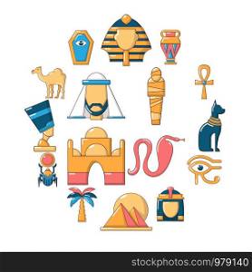 Egypt travel icons set. Cartoon illustration of 16 Egypt travel vector icons for web. Egypt travel icons set, cartoon style