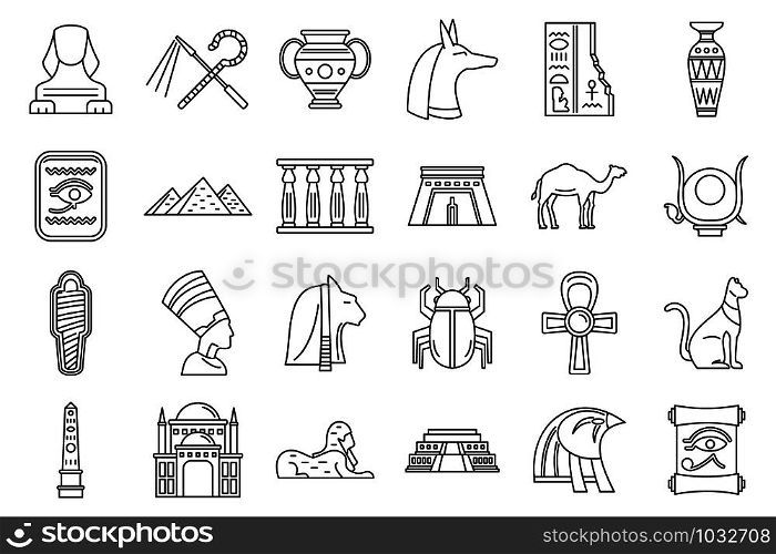 Egypt travel icons set. Outline set of Egypt travel vector icons for web design isolated on white background. Egypt travel icons set, outline style