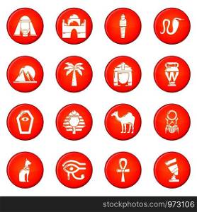 Egypt travel icons set vector red circle isolated on white background . Egypt travel icons set red vector