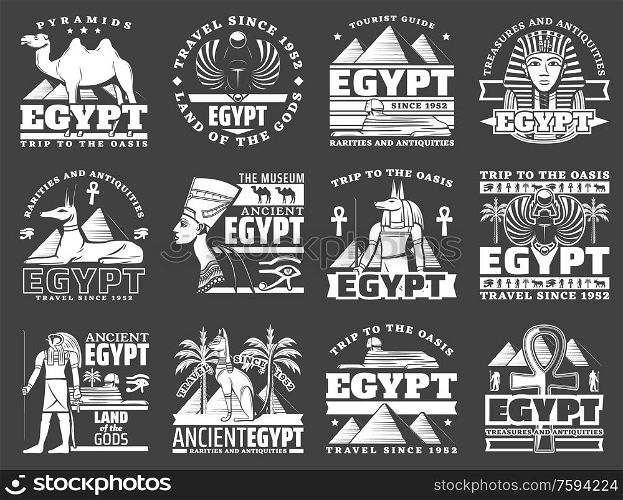 Egypt travel icons with ancient Egyptian pharaoh pyramids, Sphinx and gods. Vector Anubis and Horus with ankh symbol, cat, dog and scarab, Nefertiti and Tutankhamun with hieroglyphs monochrome emblems. Ancient Egyptian pyramid, god, ankh, Sphinx icons