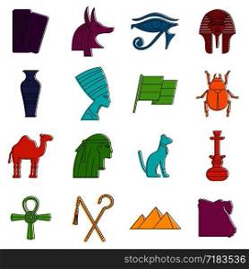 Egypt travel items icons set. Doodle illustration of vector icons isolated on white background for any web design. Egypt travel items icons doodle set