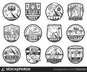 Egypt travel landmarks, ancient Egypt museum and rarity souvenirs shop signs. Vector tourism agency icons, Cairo pyramids and Sphinx, Tutankhamen pharaoh and Anubis god, scarab and Horus eye symbols. Ancient Egypt tours, Egyptian travel and landmarks