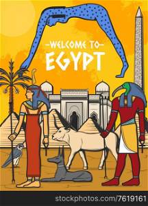 Egypt travel poster, Egyptian pyramids, ancient pharaoh landmarks, Cairo and Giza city tourism, vector. Welcome to Egypt pharaoh pyramids, mosques architecture, deity and wonders travel tours. Egypt travel poster, Egyptian pyramid landmarks