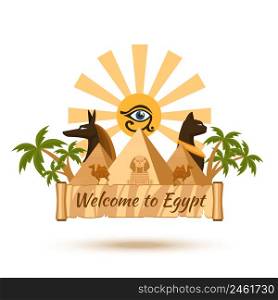 Egypt travel poster element. Pyramid and sun, sphinx and pharaoh, vector illustration. Egypt travel poster element