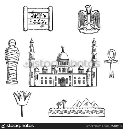 Egypt travel sketched icons with Cairo mosque, pharaoh mummy, desert landscape with pyramids and sea, sacred lotus flower, papyrus with hieroglyphics, eagle emblem and ankh symbol. Sketch syle illustration. Egypt sketched travel landmarks and symbols
