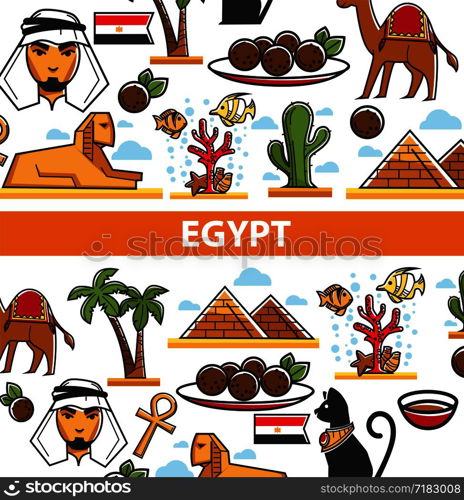 Egypt travel tourism landmark symbols and famous culture attractions. Vector poster of Egyptian flag, Cairo pyramids, Arab man and camel or Pharaoh Tutankhamen and Sphinx in desert palms. Egypt travel poster of vector landmark symbols