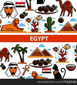 Egypt travel tourism landmark symbols and famous culture attractions. Vector poster of Egyptian flag, Cairo pyramids, Arab man and camel or Pharaoh Tutankhamen and Sphinx in desert palms. Egypt travel poster of vector landmark symbols