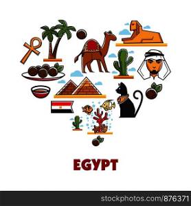 Egypt travel tourism landmark symbols and famous culture attractions heart poster. Vector Egyptian flag, Cairo pyramids, Arab man and camel or Pharaoh Tutankhamen and Sphinx in desert palms. Egypt travel tourism vector landmarks symbols