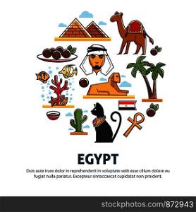 Egypt travel tourism poster of landmark symbols and famous culture attractions. Vector Egyptian flag, Cairo pyramids, Arab man and camel or Pharaoh Tutankhamen and Sphinx in desert palms. Egypt travel tourism vector poster of landmark symbols and famous Egyptian culture attractions