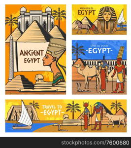 Egypt travel vector design with Ancient Egyptian pharaoh pyramids and gods. History and culture symbols of Egyptian mythology and religion, Sphinx, camel and Ankh sign, Tutankhamun mask, tomb, temple. Ancient Egyptian gods and pyramids. Egypt travel