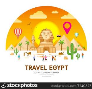 Egypt travel vector. Pyramid traditional design. with point markers design on sky and clouds orange background, illustration