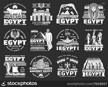 Egypt travel, vector tourism company icons for city tours, landmarks and sightseeing. Ancient Egypt famous wonders, Cairo pharaoh pyramids and sphinx, gods, sacred animals and mosque architecture. Ancient Egypt icons, travel landmarks and tourism