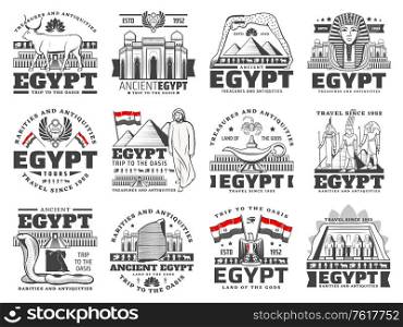 Egypt vector icons of culture, history, religion and travel. Ancient Egypt pharaoh pyramids, gods with eye of Horus and Ankh symbols, map, flag, heraldic eagle, Sphinx and Giza temples, Rosetta stone. Egypt culture, history, religion and travel icons