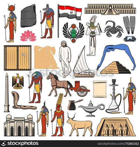 Egypt vector icons with ancient Egyptian travel landmarks, religion and culture symbols. Flag and map of Egypt, pharaoh pyramid, sacred Gods and temples, eagle coat of arms, scarab and felucca boat. Egypt flag, map and ancient pyramid, Gods, temples
