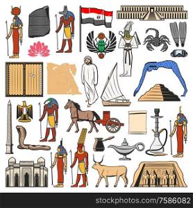 Egypt vector icons with ancient Egyptian travel landmarks, religion and culture symbols. Flag and map of Egypt, pharaoh pyramid, sacred Gods and temples, eagle coat of arms, scarab and felucca boat. Egypt flag, map and ancient pyramid, Gods, temples
