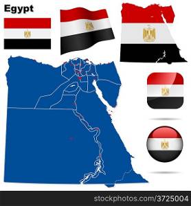 Egypt vector set. Detailed country shape with region borders, flags and icons isolated on white background.