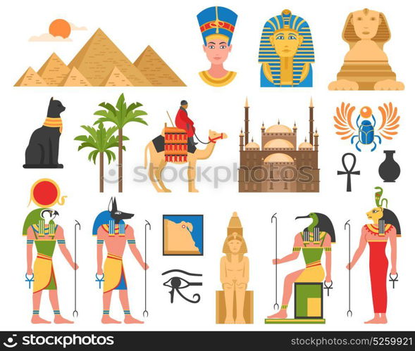 Egyptian Art Flat Collection. Egypt set of ancient egyptian idols statues and architectural structures flat isolated images on blank background vector illustration