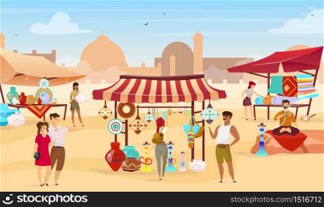 Egyptian bazaar flat vector illustration. Muslim vendors at eastern marketplace. Tourists choosing souvenirs, handmade ceramics and carpets faceless cartoon characters with desert town on background