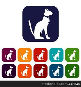 Egyptian cat icons set vector illustration in flat style In colors red, blue, green and other. Egyptian cat icons set flat