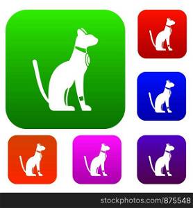 Egyptian cat set icon color in flat style isolated on white. Collection sings vector illustration. Egyptian cat set color collection