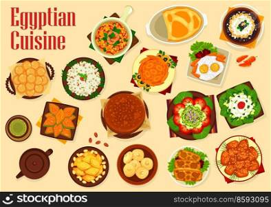 Egyptian cuisi≠vector dishes, Arabian dessert food with ve≥tab≤cheese salad and eggs. Pistaχo, almond, coconut cakes, semolina and butter cookies, bar≤y pudding, lamb ome≤tte, ho≠y fritters. Egyptian cuisi≠food, Arabian desserts and salads