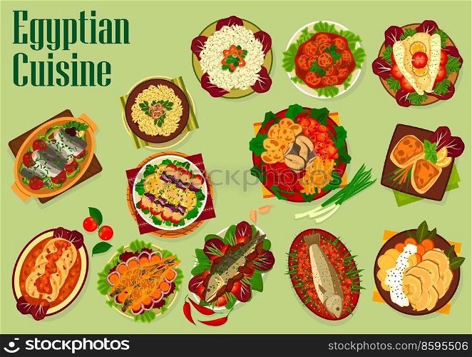 Egyptian cuisine fish dishes with vector vegetables, rice and noodles. Traditional Arabian food, sardine koftas, fish kebabs with tarator sauce and sesame pasta, baked mackerel, swordfish and trout. Egyptian cuisine fish dishes, vegetables and rice