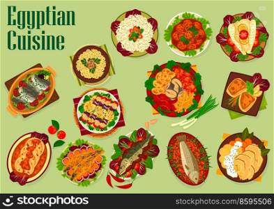 Egyptian cuisine fish dishes with vector vegetables, rice and noodles. Traditional Arabian food, sardine koftas, fish kebabs with tarator sauce and sesame pasta, baked mackerel, swordfish and trout. Egyptian cuisine fish dishes, vegetables and rice