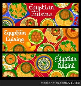 Egyptian cuisine food banners, Arab dishes and meals, vector. Egyptian cuisine restaurant lunch and dinner menu of couscous with lamb, shurba rice soup and stuffed tomatoes, anchovy and duck. Egyptian cuisine food banners, Arab dishes, meals