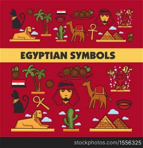 Egyptian culture and symbols Egypt architecture cuisine and animals vector tourism pyramids and camel palms and sphinx ankh and cat bedouin and meat, balls coral reef and cactus national flag and tea. Egypt symbols Egyptian culture landmarks and cuisine banner
