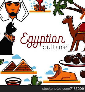 Egyptian culture poster with famous national symbols as frame. Bidduine with beard, coral reef,tall palms, fluffy camel, traditional dish, cat statue, ancient sphinx and pyramids vector illustrations.. Egyptian culture poster with famous national symbols as frame