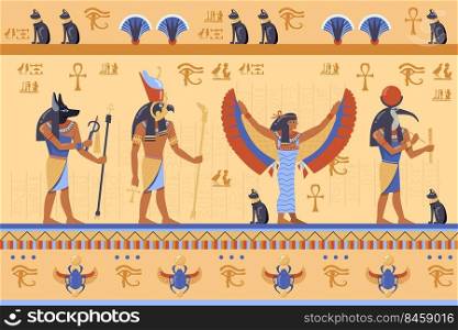 Egyptian deities on ancient bas relief with hieroglyphs. Cartoon vector illustration. Horus, Thoth, Anubis, Maat Gods, scarab, symbols, hieroglyphics. Ancient Egypt, history, art, culture concept