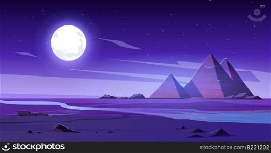 Egyptian desert with river and pyramids at night. Vector cartoon illustration of landscape with sand dunes, water stream of Nile, ancient tombs of Egypt pharaoh, moon and stars in sky. Egyptian desert with river and pyramids at night
