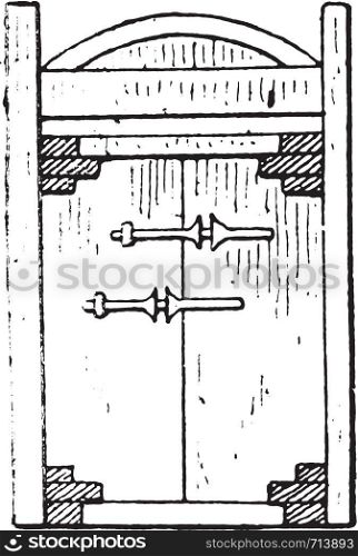 Egyptian door, vintage engraved illustration. Private life of Ancient a?? Antique family a?? 1881.