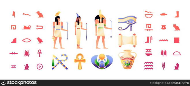 Egyptian elements. Ancient Egypt hieroglyph and traditional characters pharaoh god temple sphinx, old antique religion symbols. Vector collection. Colorful sculptures and inscriptions. Egyptian elements. Ancient Egypt hieroglyph and traditional characters pharaoh god temple sphinx, old antique religion symbols. Vector collection