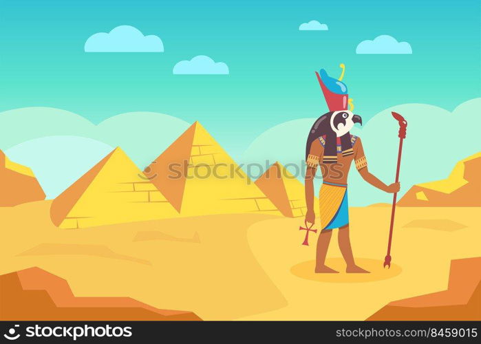 Egyptian god with walking stick surrounded by ancient pyramids. Cartoon vector illustration. Egyptian deity Horus going through desert, holding ankh. Ancient Egypt, history, art, culture concept