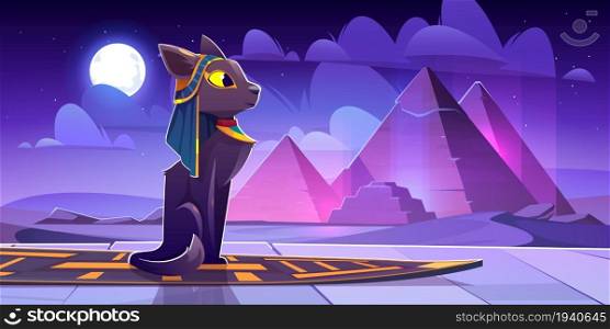 Egyptian goddess Bastet in desert with ancient pyramids at night. Vector cartoon illustration of sacred black cat and landscape with pharaoh tombs in Egypt, moon and stars in sky. Egyptian goddess Bastet in desert with pyramids