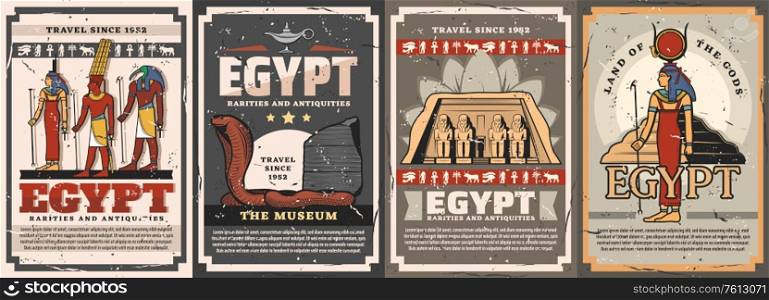 Egyptian gods, travel landmarks and culture vector posters. Isis, Amun, Hathor and Thoth deities, cobra snake, Abu Simbel temple and Djoser Pyramid. Egyptian antique civilization. Travel to Egypt. Egyptian gods, travel and culture posters