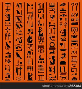 Egyptian hieroglyphs or ancient Egypt letters papyrus background. Vector old Egyptian hieroglyph writing symbols and icons of gods, animals and birds or Pharao manuscript design decoration. Egyptian hieroglyphs or ancient Egypt letters vector background